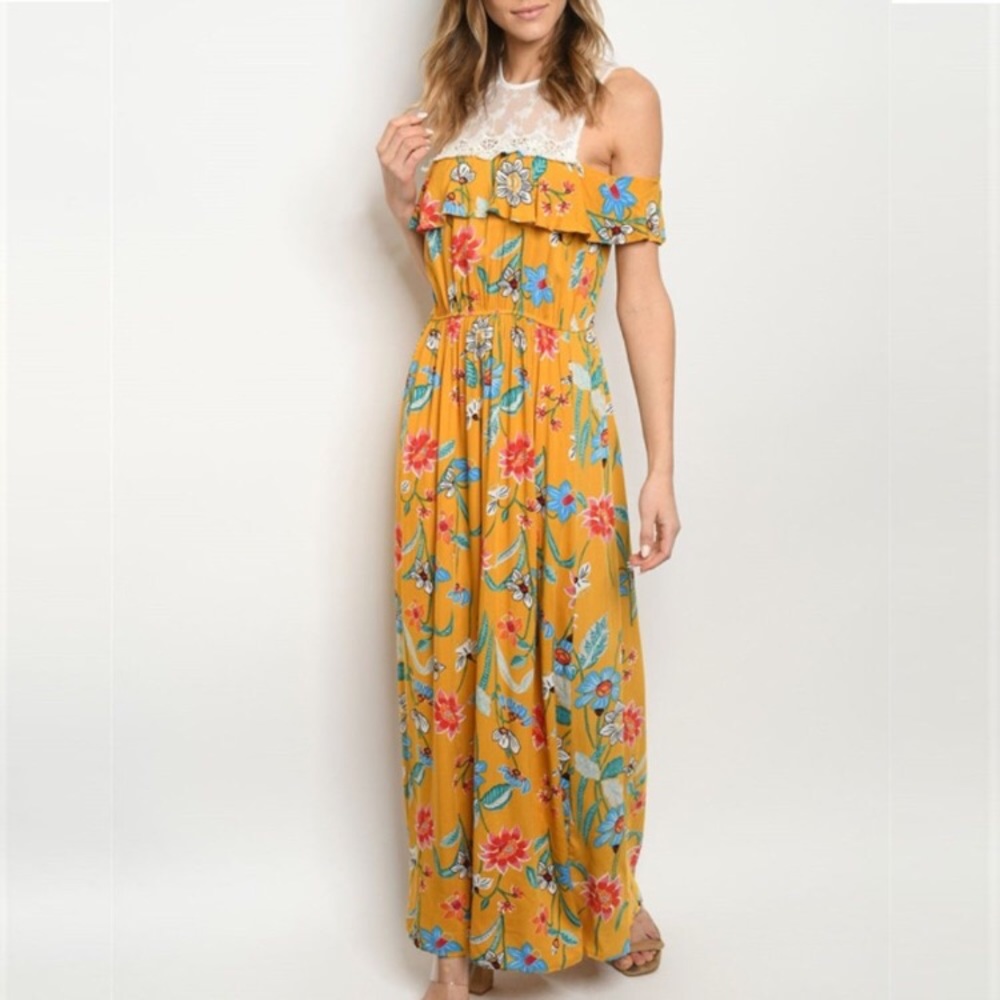 JOY & CO Yellow Cold Shoulder Floral‎ and Lace Cotton Blend Maxi Dress